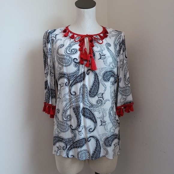 Chicos Top Paisley Print Black White Red Tassels Tunic Blouse Womens Size Small - Picture 2 of 14